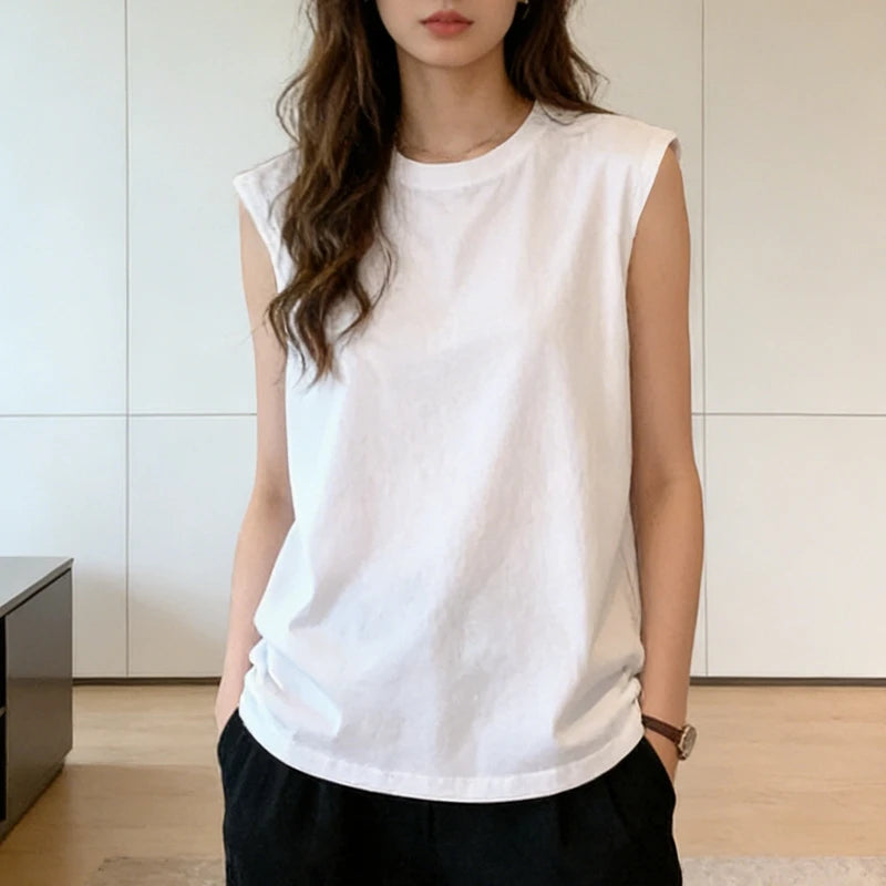 Woman Loose Sleeveless Tank Top Summer Casual Vest Basic Daily T Shirt Sweet Style Suitable For Students Stretchy Soft Lady Wear - black M