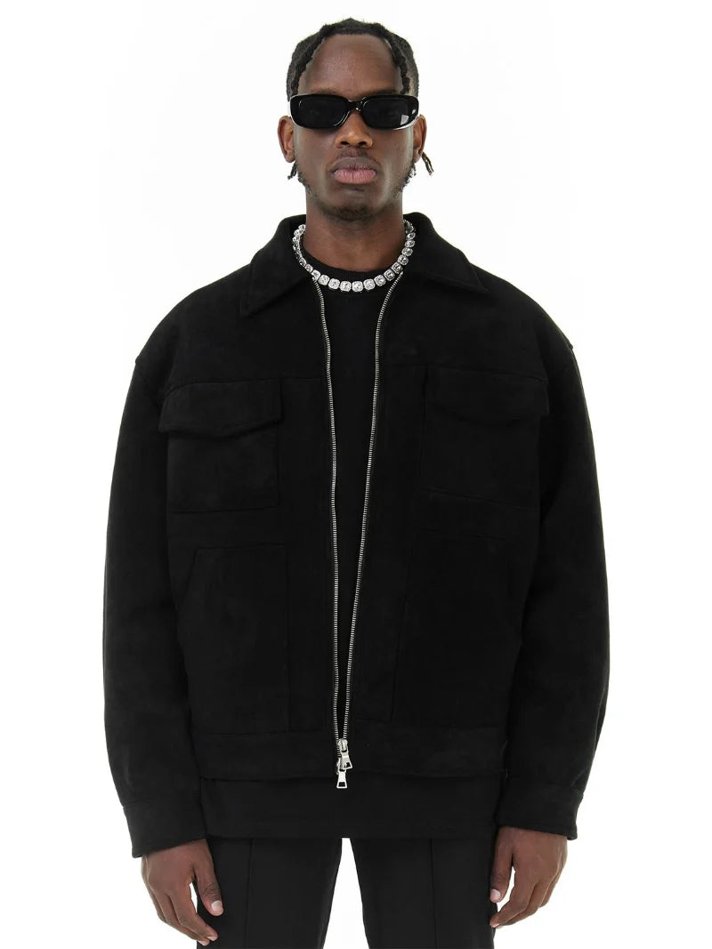 Jaquetas de Outono Roupa Casual Oversized Bolsos de Rua Gola Lapela Zíper Camurça Casaco Grosso Quebra-Vento Masculino Solto