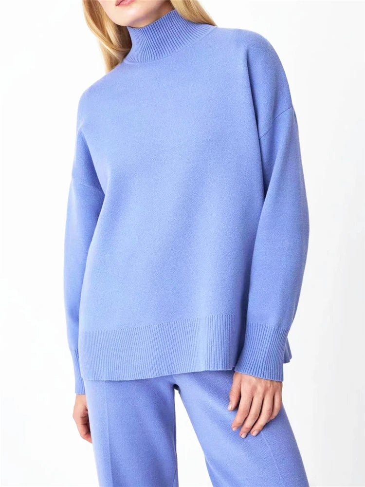 Conjuntos Femininos de Inverno Outono 2 Peças Agasalho de Malha Gola Rolê e Calça Jogger Reta