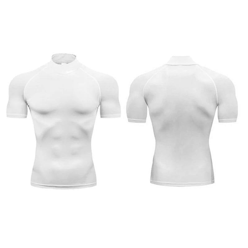 Camisetas Masculinas de Compressão Simples para Corrida de Verão Gola Alta Elásticas de Secagem Rápida Esportivas Atlético de Ginástica Camisa de Manga Curta