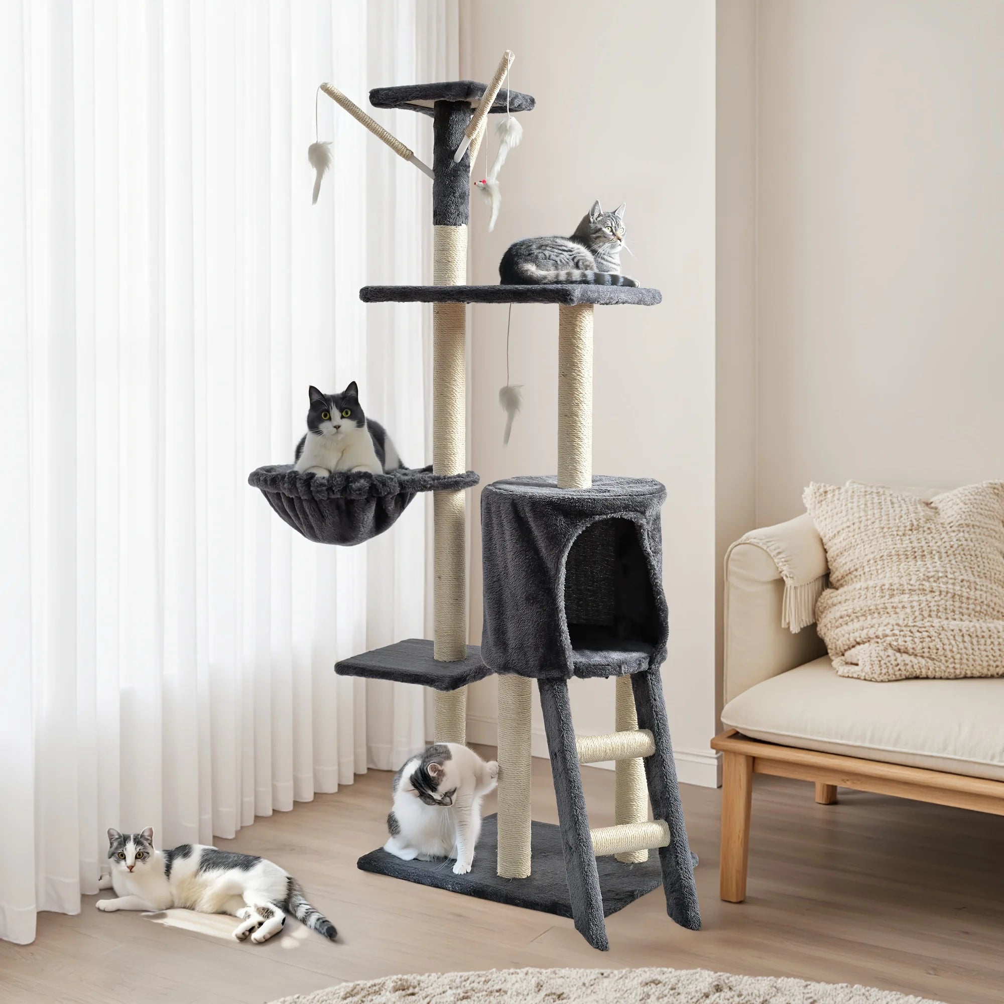 Large Multi-Tier Cat Tree with Cozy Beds Cat House Sisal Wrapped Scratching Post and Teaser Wand for Indoor Cats Small Medium