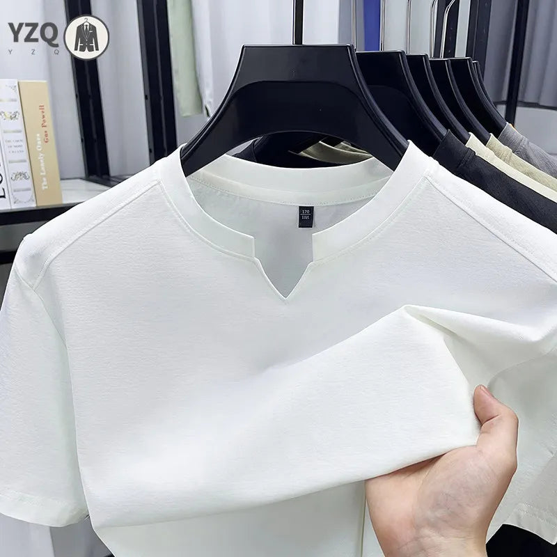 Camiseta Masculina Coreana de Manga Curta Gola V Cor Sólida Casual Fashion Confortável Verão Versátil Top Liso