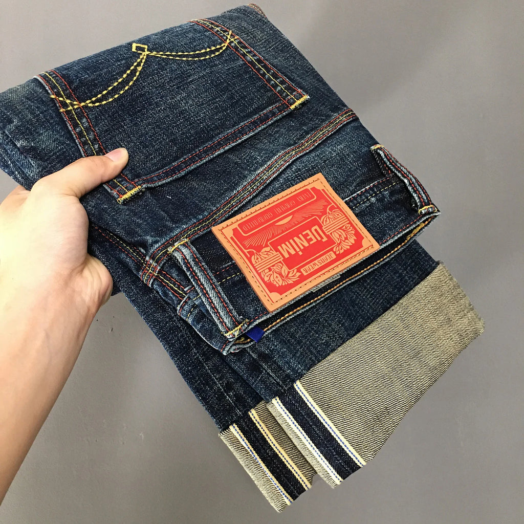 Calça Jeans Masculina American Vintage Casual Primavera Outono Solta Reta de Sarja Selvedge Amarela Lavada 100% Algodão de Alta Qualidade