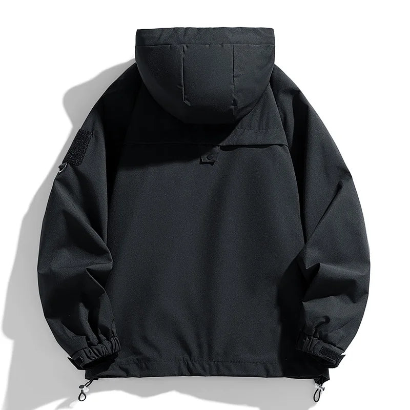 Jaqueta Corta-Vento Masculina com Capuz Zíper Casaco Cargo Impermeável Preta Bomber Acampamento Solta Fina Softshell Jaqueta com Capuz para Caminhada