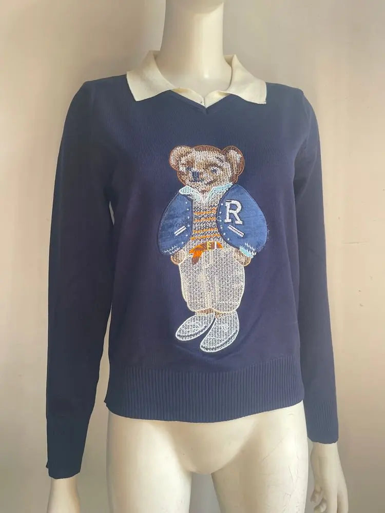 Suéter Feminino de Tricô com Urso Bordado Estilo Francês de Luxo para Mulheres Blusas Casuais de Malha Suéter Pull Femme