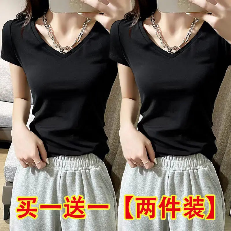 Summer Womens Slim Fit Short Sleeve T Shirt Half Sleeve Base Shirt Versatile Base Layer Top Quality Polyester Fiber Commute - M V white + v white [2-pack]