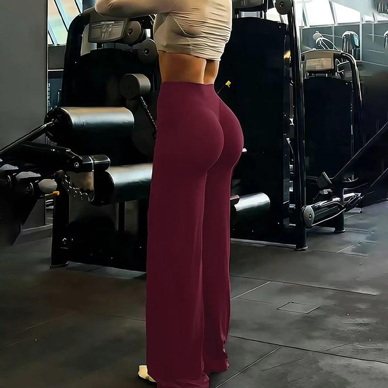 Calças de Yoga Femininas Wide Leg Soltas para Treino de Academia Cintura Alta Controle de Barriga Cinza Levanta Bumbum Retas Esportivas
