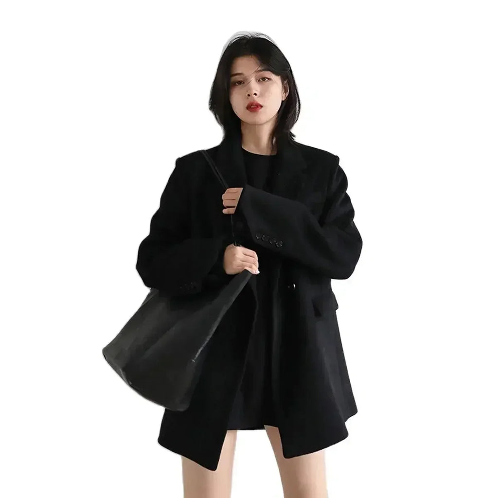 Chic Ven Casaco Feminino de Lã Mesclada Liso Médio Longo Blazer de Lã Grosso Quente Blusa Sobretudo Feminino Tops de Escritório Outono Inverno - Preto XG