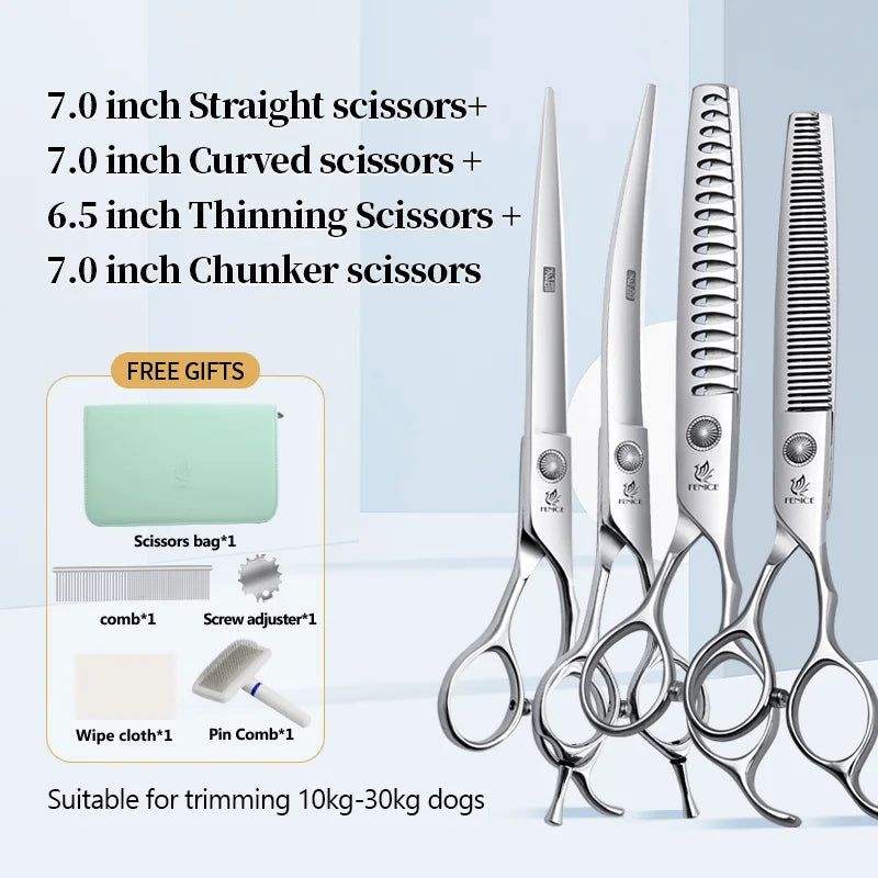 Conjunto Profissional de Tosas Domésticas para Animais de Estimação Fenice Tesouras Retas Curvas de Desbaste e Tosa de 6/6,5/7/7,5 Polegadas com Parafuso de Rolamento para Cães/Gatos
