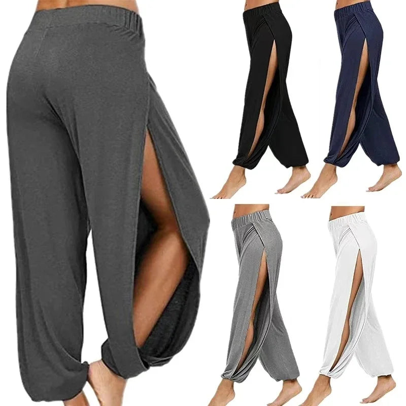 Calça Feminina Harem de Ioga com Fenda de Cintura Alta e Perna Larga Calça Legging de Academia Casual Sólida Vazada para Treino Calça para Academia e Uso Doméstico