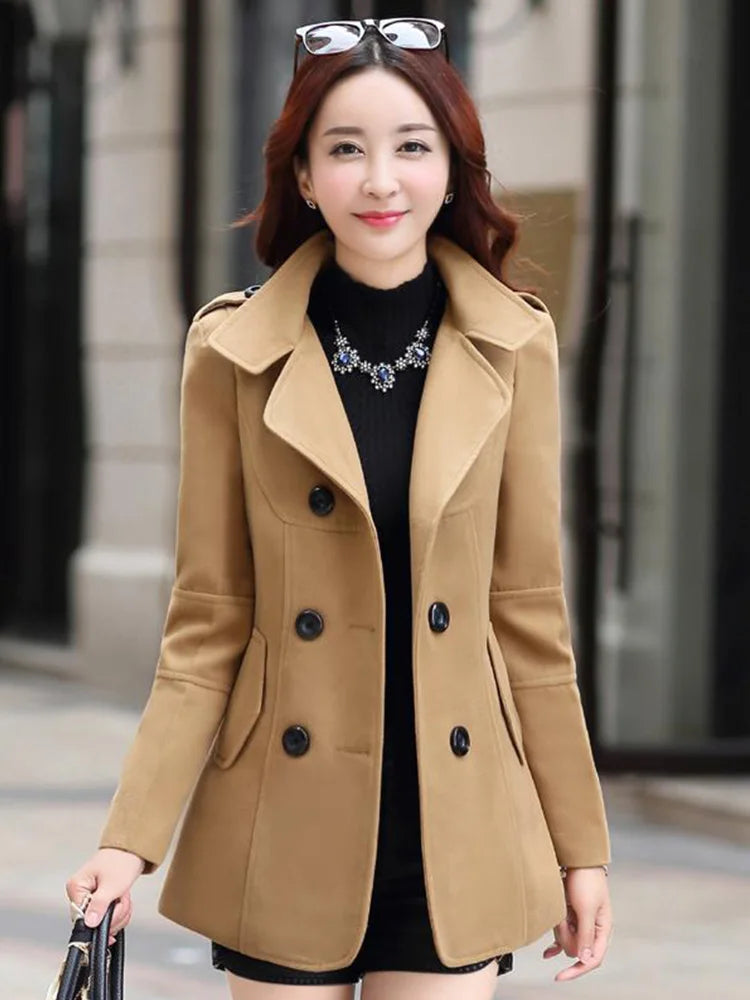 Novo Casaco de Lã Feminino Outono Inverno Casaco Feminino Slim Abotoamento Duplo Médio Longo Mistura de Lã Quente Sobretudo Feminino Inverno Casaco Jaqueta