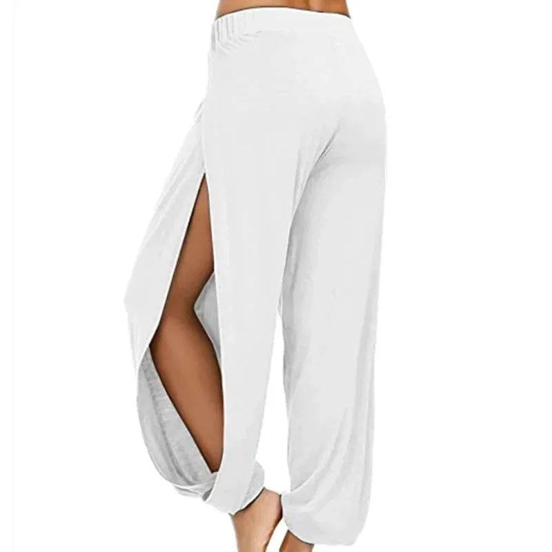 Calça Feminina Harem de Ioga com Fenda de Cintura Alta e Perna Larga Calça Legging de Academia Casual Sólida Vazada para Treino Calça para Academia e Uso Doméstico