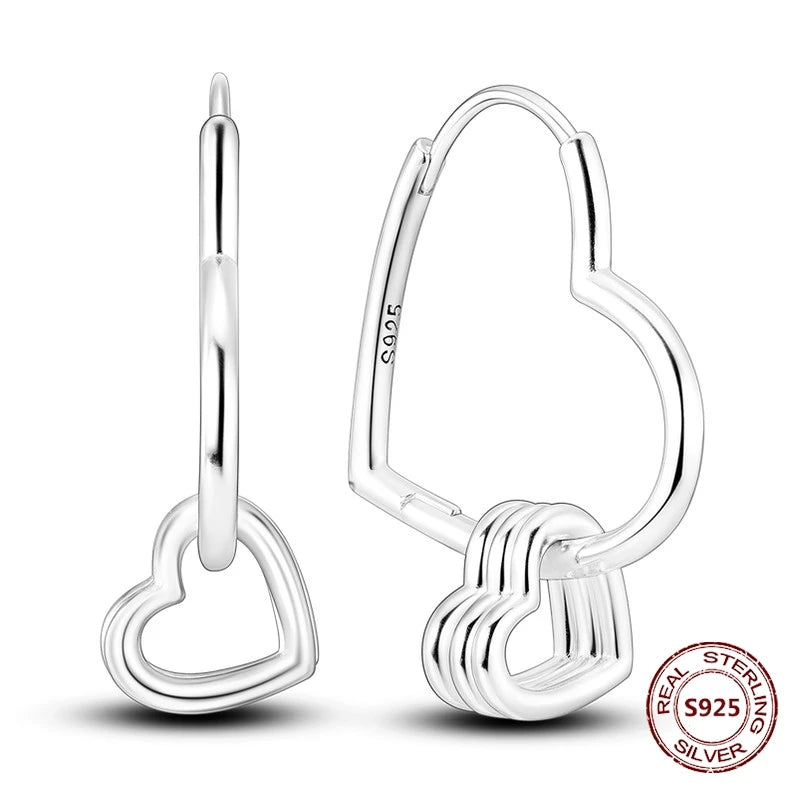 Brincos de Argola Coração Amor Brilhante Zircônia 925 Prata Esterlina Original para Mulheres Aniversário de Casamento Joia de Presente