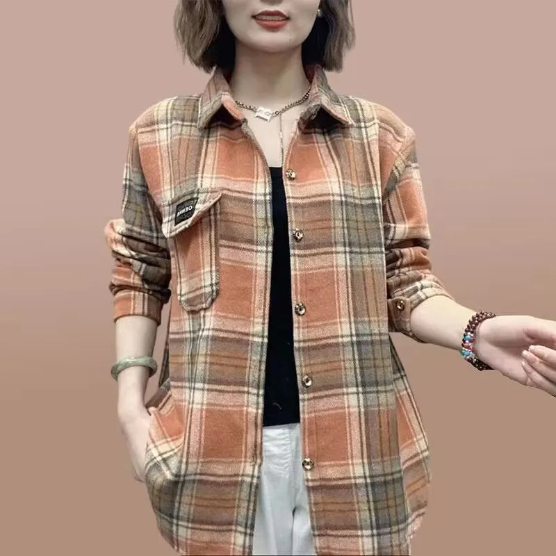 Thickened Fleece Womens Plaid Shirt Casual Loose Outerwear Autumn Winter Warmth Regular Sleeve Long Collar China Brand 1 - Xl [recommended 40-55kg ] [thick model] chidori card grid