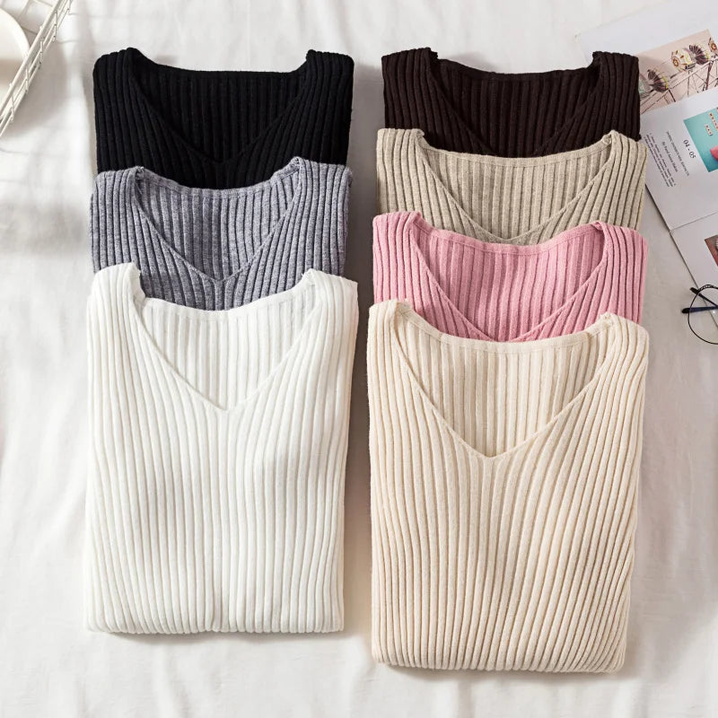 Outono Inverno Mulheres Suéteres Casuais Manga Longa Tricô Gola V Pulôver Suéter Feminino Básico Sólido Jersey Tops Roupas da Moda
