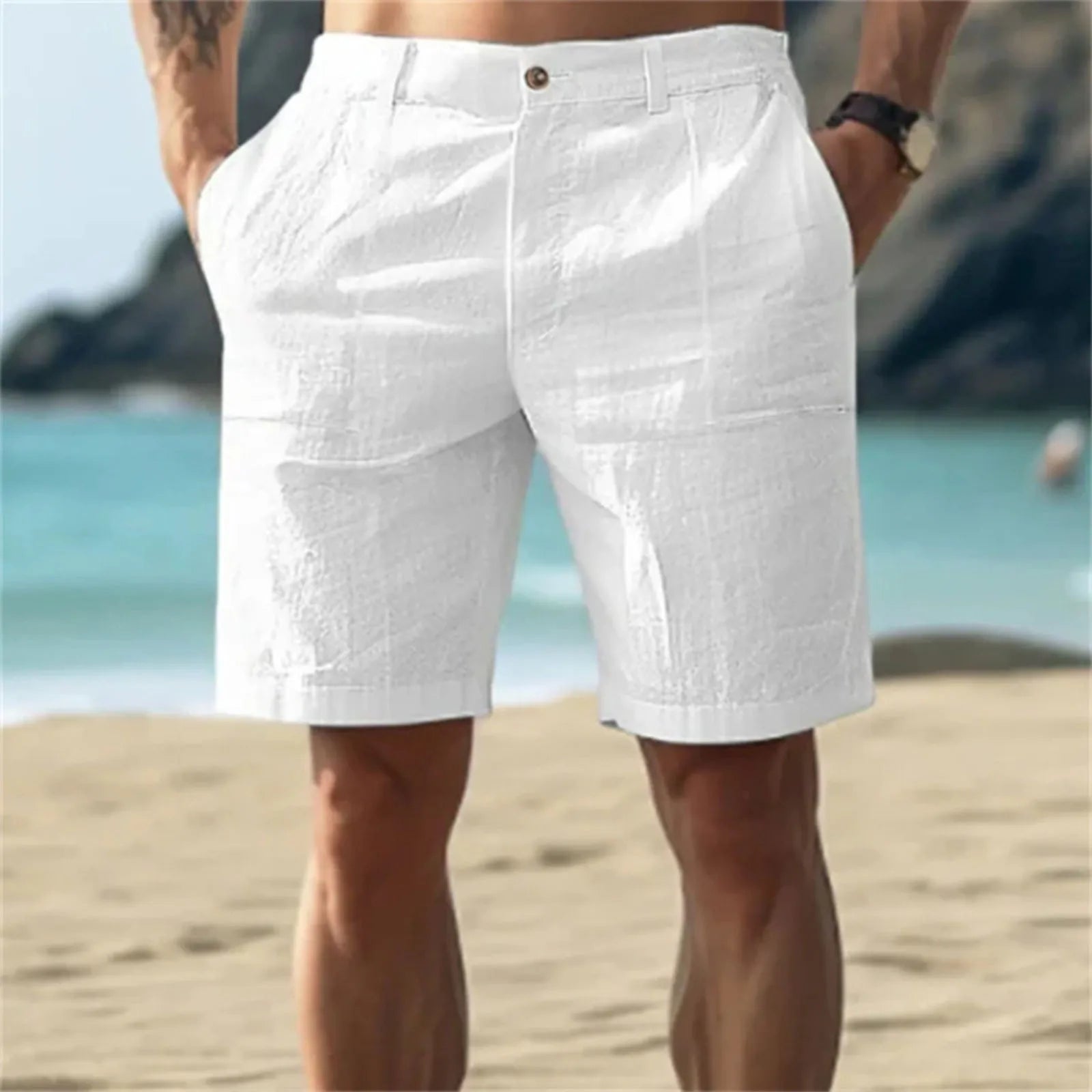 Calças Masculinas de Linho com Cor Sólida Casuais para Praia, Respiráveis, Confortáveis e Retas, Curtas, Estilo Havaiano para Férias de 2025