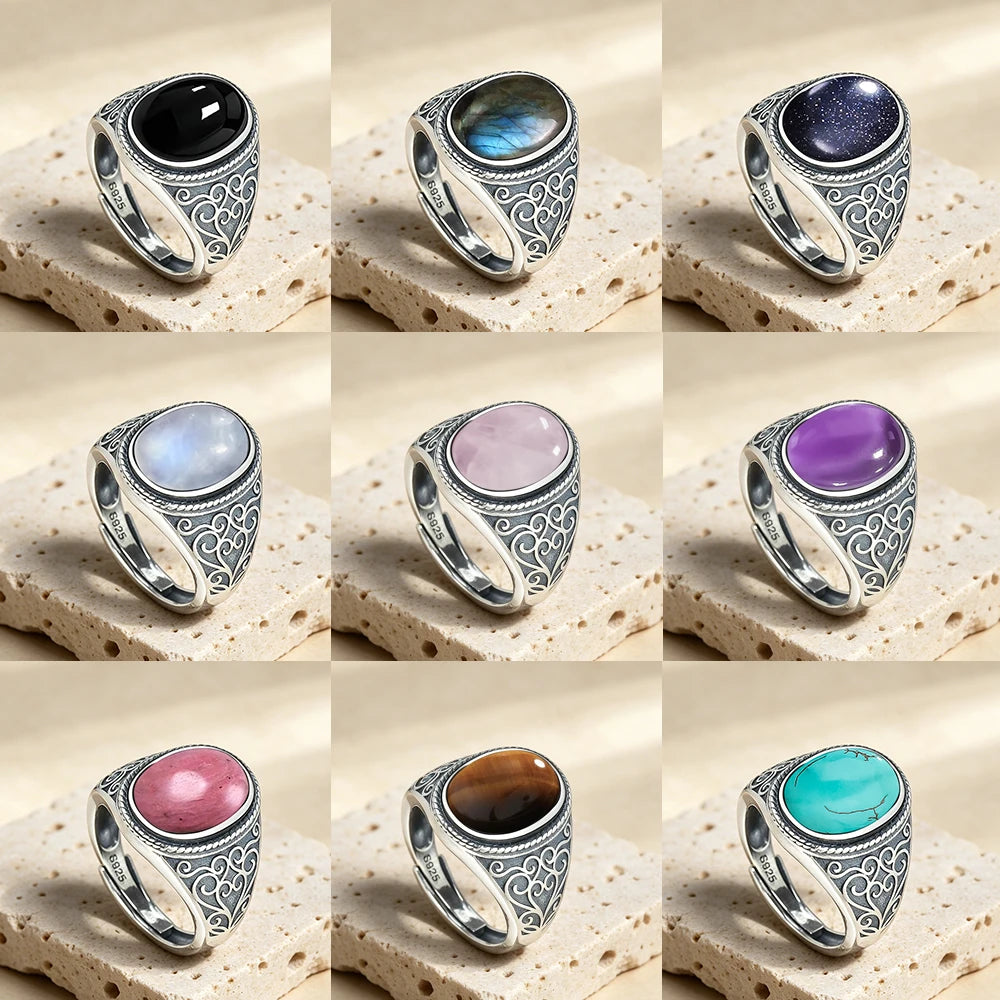 Vintage 925 Sterling Silver Ring Natural Tiger's Eye Stone 10*14MM Retro Style Large Stone Finger Rings Fine Jewelry for Men