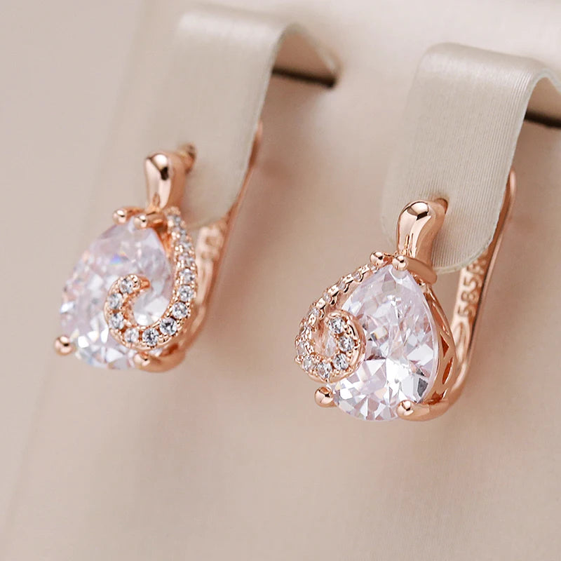 Kinel Hot Water Drop Natural Zircon Stud Earrings For Women 585 Rose Gold Color Bride Wedding Fashion Party Daily Fine Jewelry
