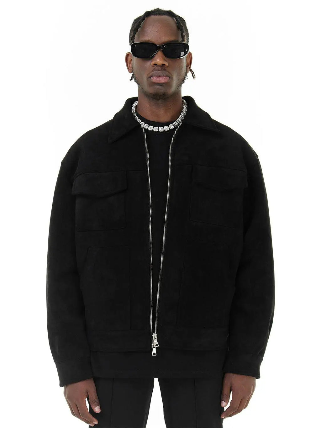 Jaquetas de Outono Roupa Casual Oversized Bolsos de Rua Gola Lapela Zíper Camurça Casaco Grosso Quebra-Vento Masculino Solto