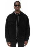 Jaquetas de Outono Roupa Casual Oversized Bolsos de Rua Gola Lapela Zíper Camurça Casaco Grosso Quebra-Vento Masculino Solto
