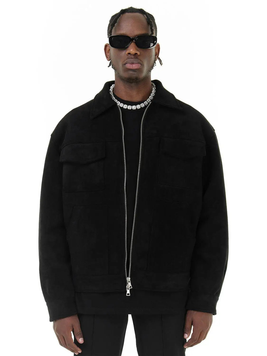Jaquetas de Outono Roupa Casual Oversized Bolsos de Rua Gola Lapela Zíper Camurça Casaco Grosso Quebra-Vento Masculino Solto