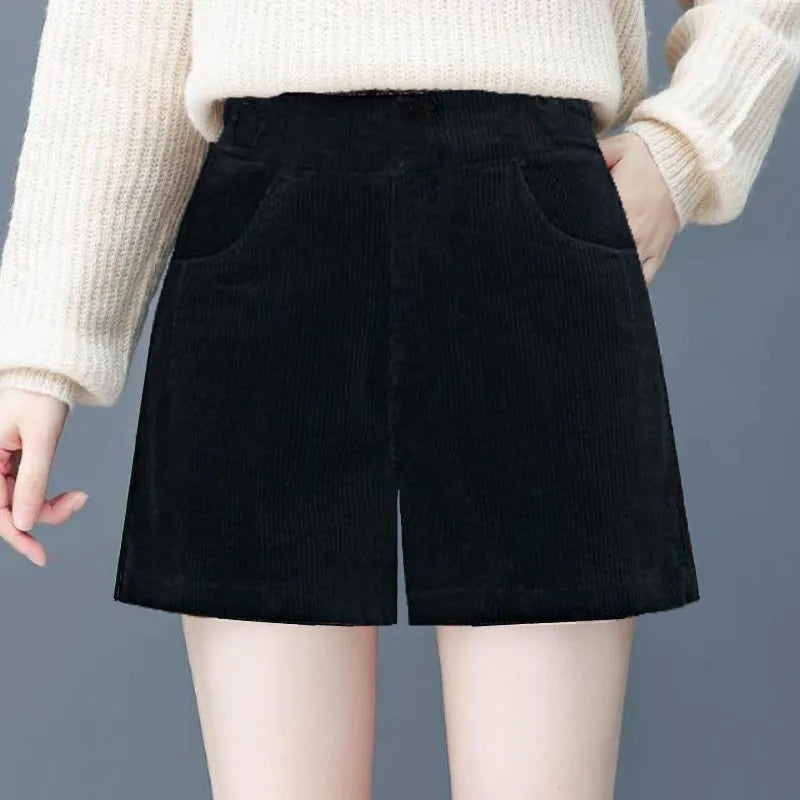 Calça Feminina Cintura Alta Perna Larga Outono Inverno Veludo Cotelê Forrada em Fleece Calça Reta Casual Chique Calça de Nove Pontas 1 - M 35-52.5kg. Calça larga de veludo de algodão europeu preta [sem veludo]