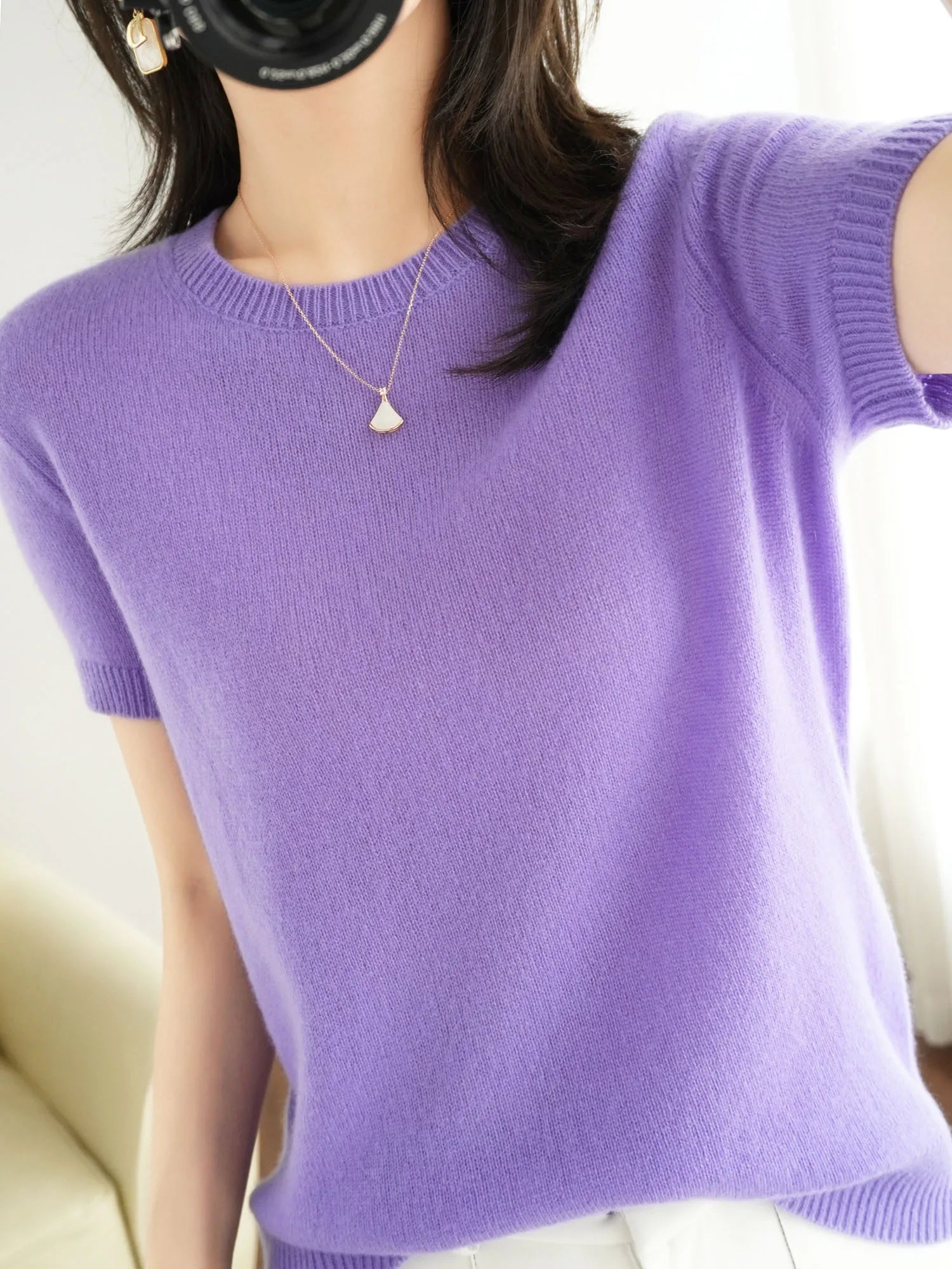 Summer New Loose Short Sleeve Knitted Woolen T Shirt Womens Thin Cotton V Neck Half Sleeve Top Outerwear Commute Style 1 - Xl Pink