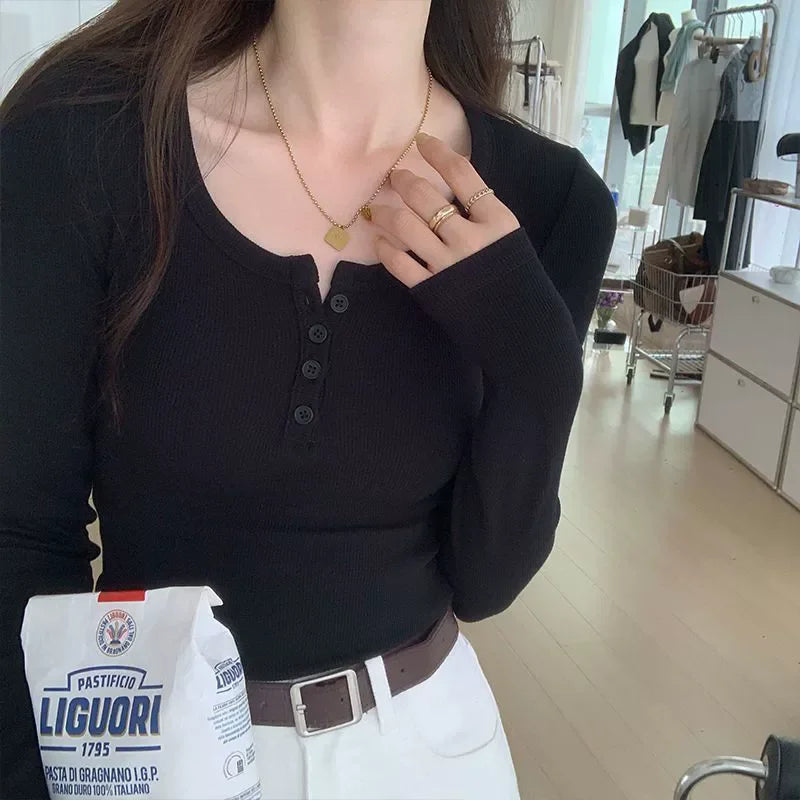Camiseta Feminina de Botão Gola V Outono Inverno, Blusa Básica Fina Pulôver Feminina, Blusas de Tricô Macias Quentes - BRANCO P