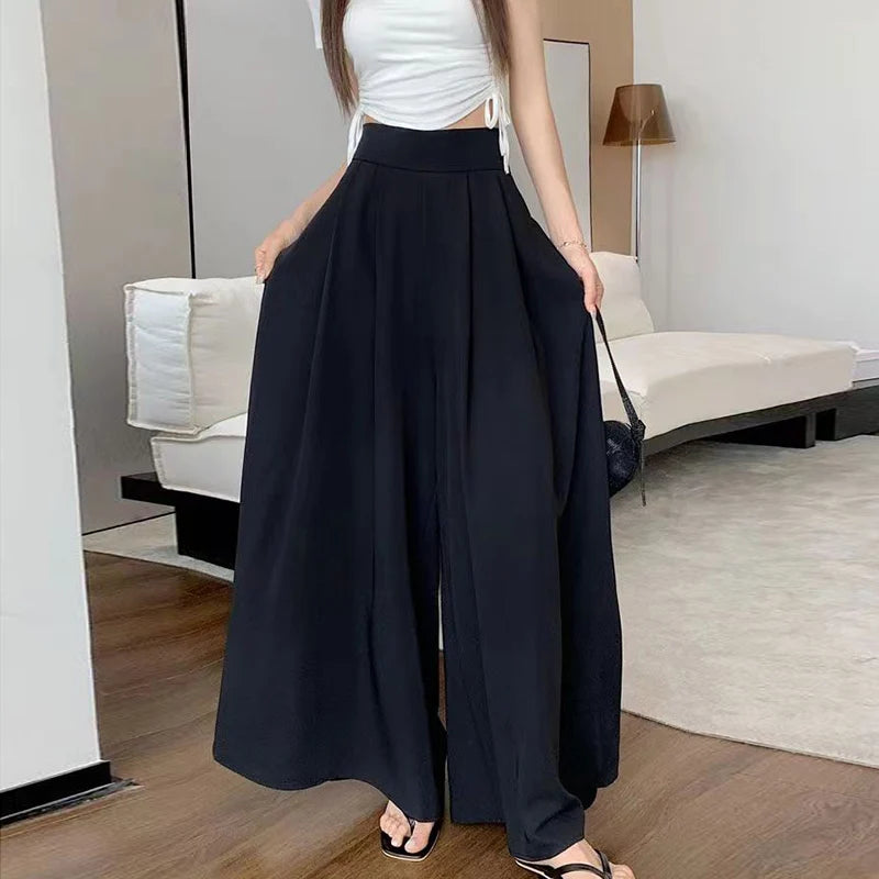 Tendência de Roupa Feminina 2024 Saia Calça de Perna Larga com Barra Grande Calça Feminina Casual Calça Social Elegante Básica de Cintura Alta para Escritório