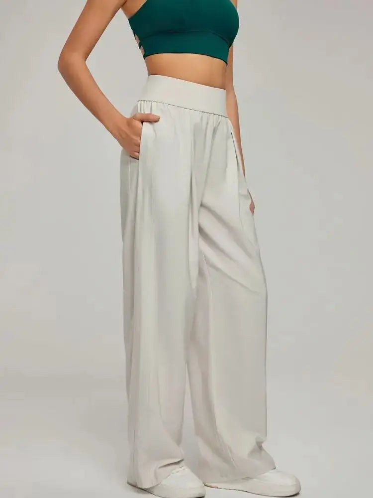 Calças Femininas Perna Larga Cintura Alta Solta Calças de Verão Casuais para Yoga Caimento Respirável Calça de Ginástica e Lazer Roupa Feminina