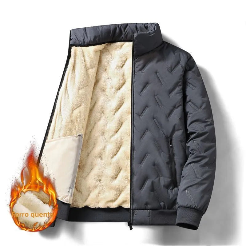 Jaqueta Masculina de Algodão Forrada com Lã Grossa Gola Alta Outono Inverno Quente Corta-Vento Tamanho Grande Casual Limpo Manga Longa