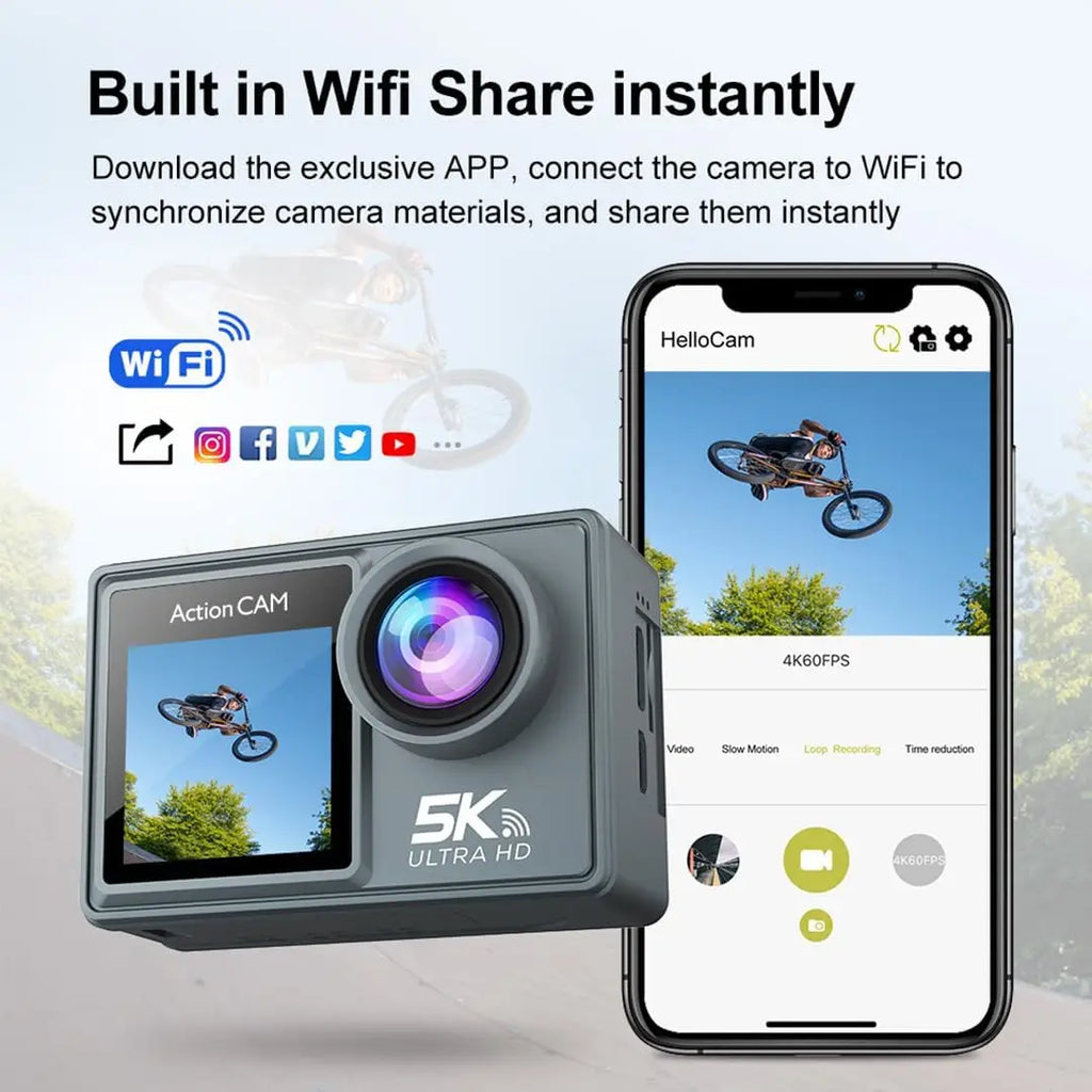 Câmera de Ação 5K Pro Câmera Esportiva com Wi-Fi, EIS e Controle Remoto HD 1080P 60FPS para Bicicleta Motocicleta Capacete e Gravação de Vídeo