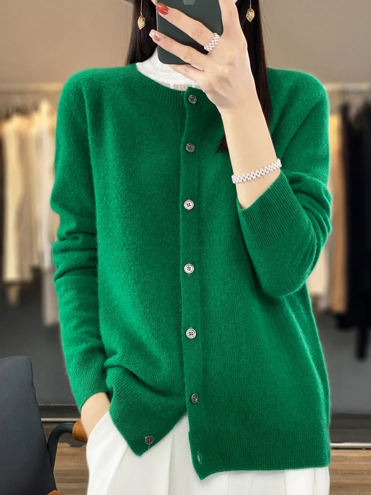 Suéteres Femininos de Manga Longa 100% Lã Merino Primavera Outono Gola O Tricô Blusas Roupas Moda Básica - AZUL CÉU M