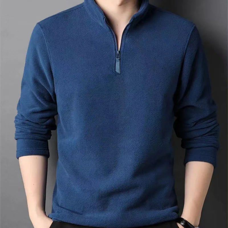 Outono Inverno Novas Camisas Polo Quentes Masculinas Lã de Cordeiro Moletom Gola Alta Meio Zíper Manga Longa Moda Versátil Camisetas Masculinas Tops