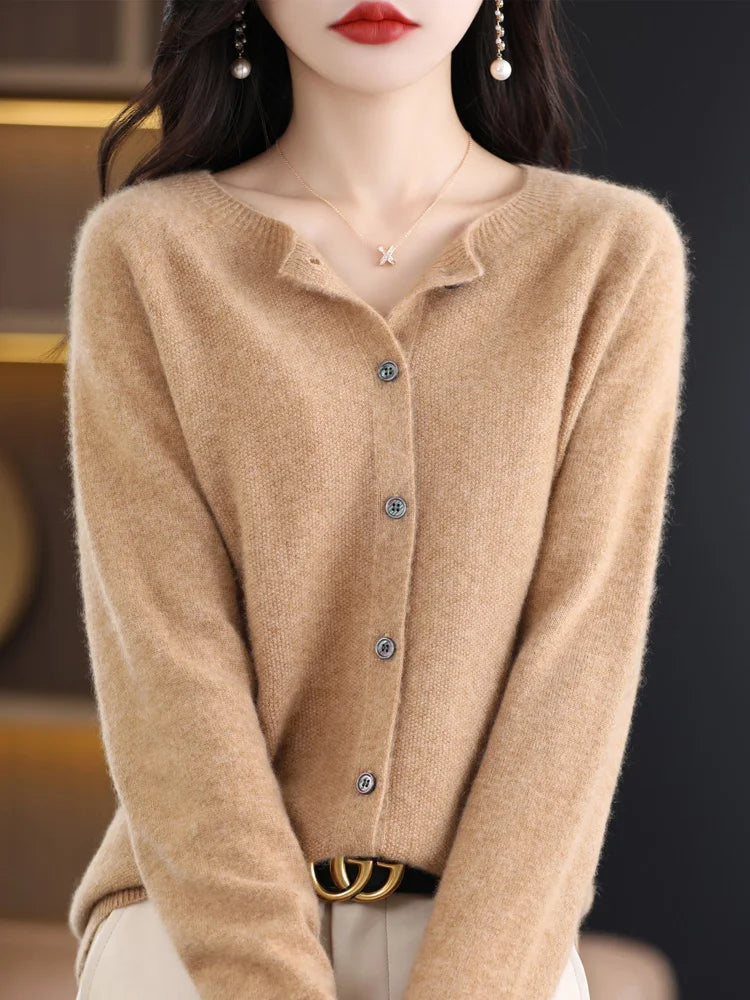 Suéter Feminino de Cashmere 100% Lã Merino Cardigã de Malha Outono Inverno Malharia Gola Redonda Feminina Cor Sólida Casual Top de Moda