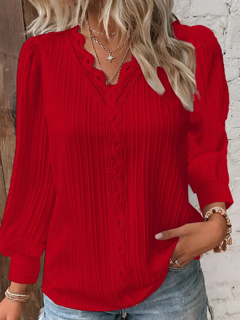 Camisa Feminina Elegante de Verão com Renda Vazada, Blusa Chique, Gola V, Manga Longa, Renda Lisa, Casual, Básica, Regular - Dourado P