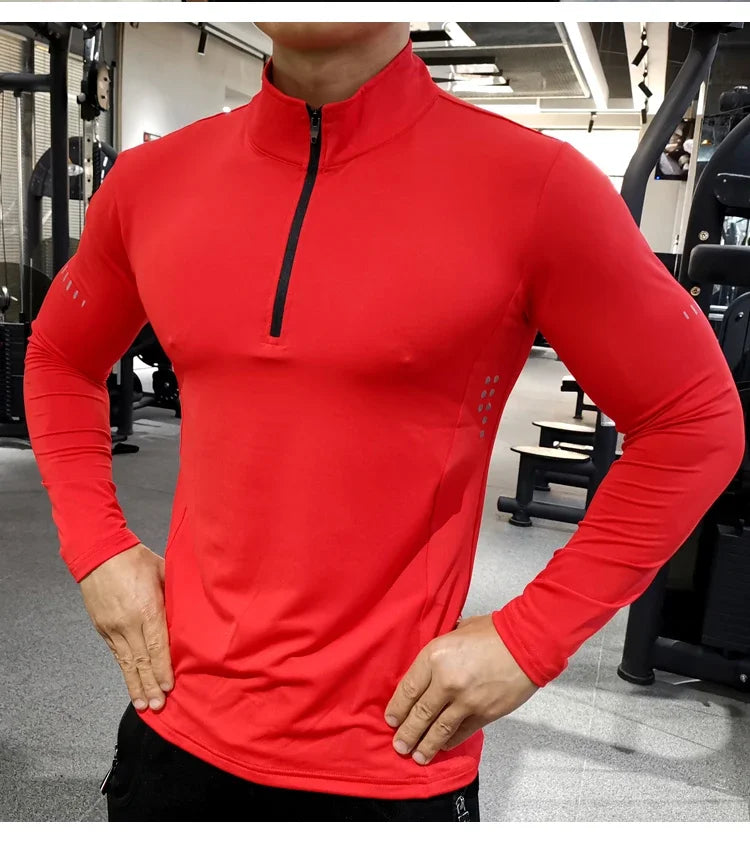 Camisa Masculina Manga Longa Compressão para Corrida Secagem Rápida Academia Fitness Ciclismo Zíper Rashguard