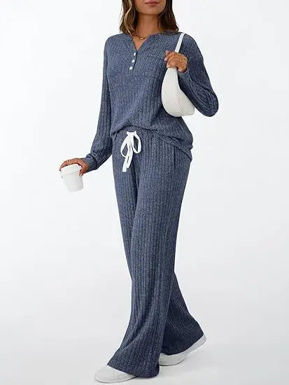 Women's Ribbed Knit Loungewear Set: Henley V-Neck Top Drawstring Wide Leg Pants