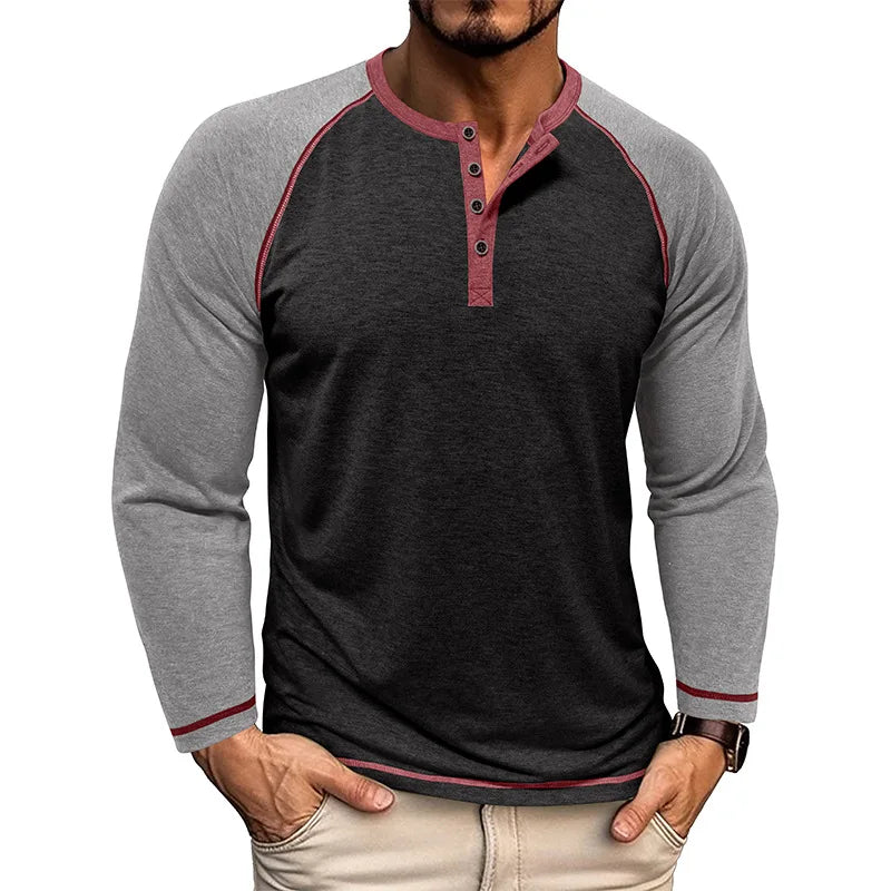 Nova Camiseta Masculina de Manga Raglan com Gola Henry de Manga Longa Outono e Inverno Estilo Europeu e Americano