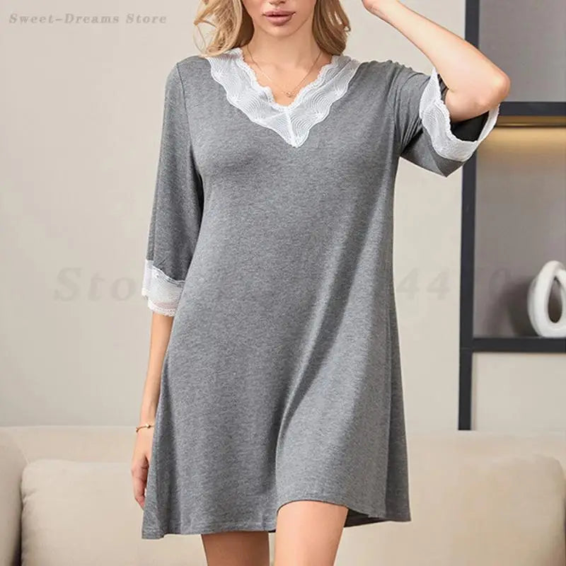 Pijama Feminino Sexy de Renda com Decote V Camisola de Algodão Modal Roupa de Casa Solta Casual Meia Manga Camisola Lingerie Íntima Roupa de Dormir