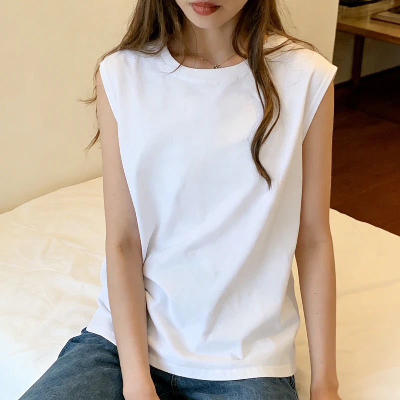 Woman Loose Sleeveless Tank Top Summer Casual Vest Basic Daily T Shirt Sweet Style Suitable For Students Stretchy Soft Lady Wear - black M