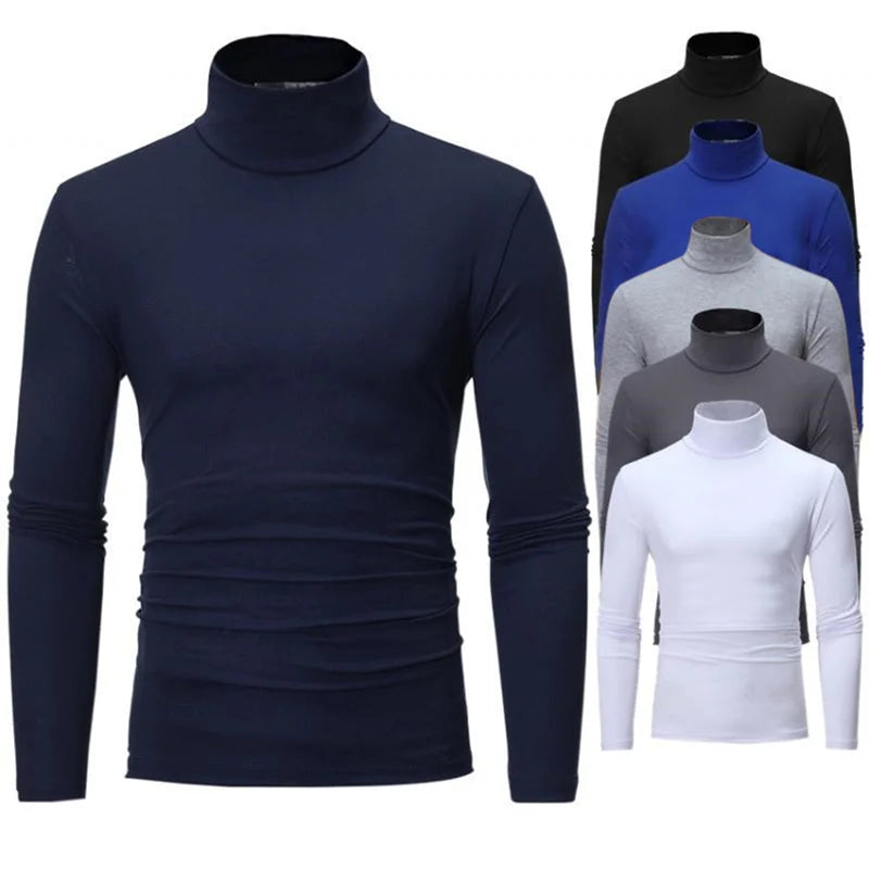 Camisa Masculina Nova Camiseta Básica Slim Fit Gola Alta de Poliéster Pulôver Gola Rolê Suéter Tops Camisa Masculina Primavera Outono