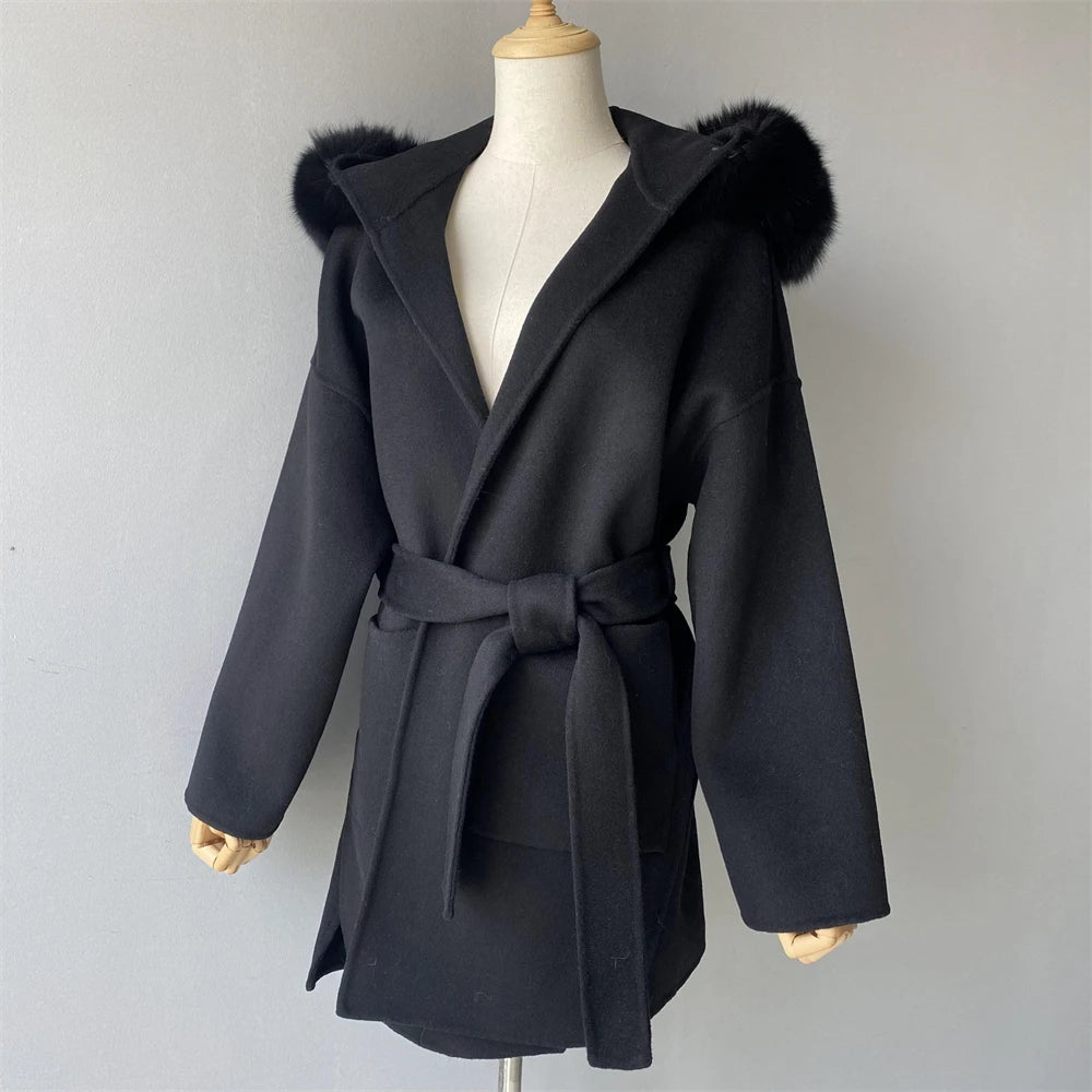 Jxwatcher Casaco de Lã e Misturas de Moda, Comprimento Médio, Jaqueta de Cashmere com Capuz, Gola e Punhos de Pele de Raposa 100% Real, Casaco de Inverno para Mulheres