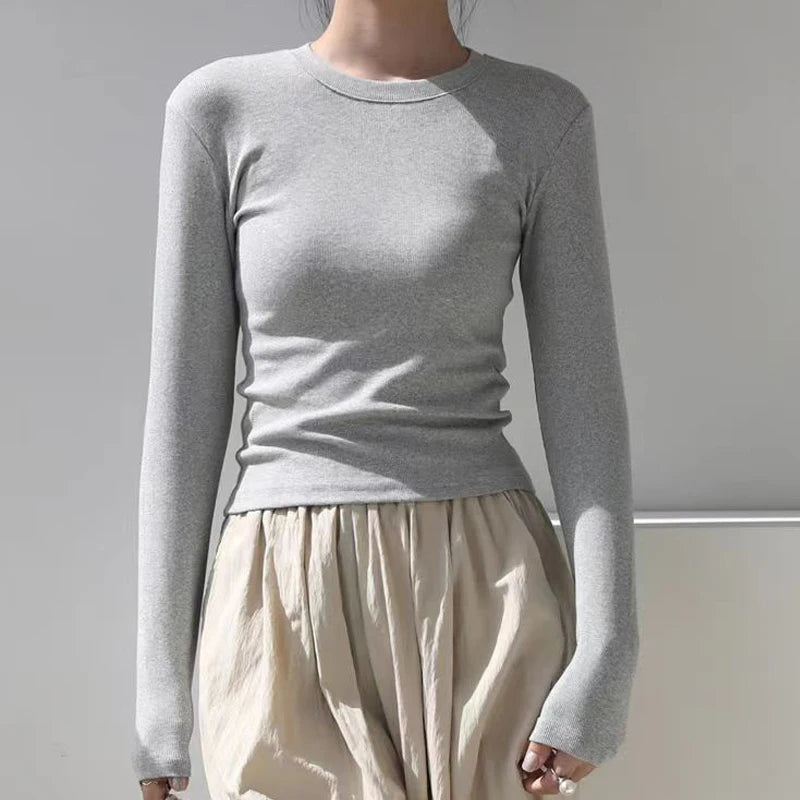 Cotton O Neck Long Sleeve Shirt Women Sexy Cropped Tops 2026 Autumn Black Casual Skinny Slim Basic Woman T Shirts White Clothing - White M