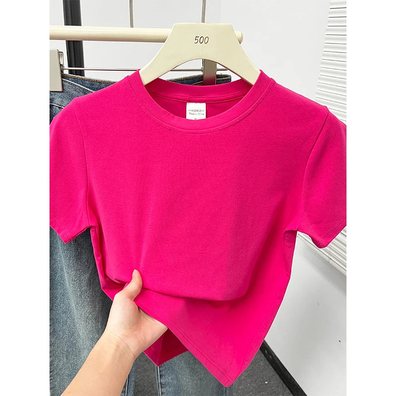 2026 Verão Nova Camiseta Casual de Alta Qualidade Sexy Manga Curta Tendência da Moda Sólida Roupa Feminina Blusas Y2k