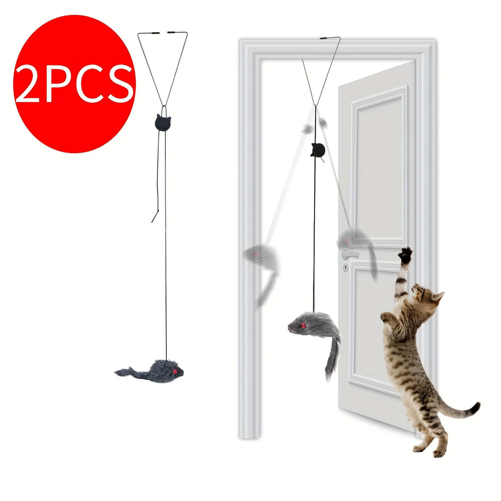 2 Peças Brinquedo Gato Suspenso Ajustável Brinquedos Interativos de Rato de Pendurar na Porta Retrátil Brinquedo Divertido Arranhador de Gato Corda Rato Brinquedo
