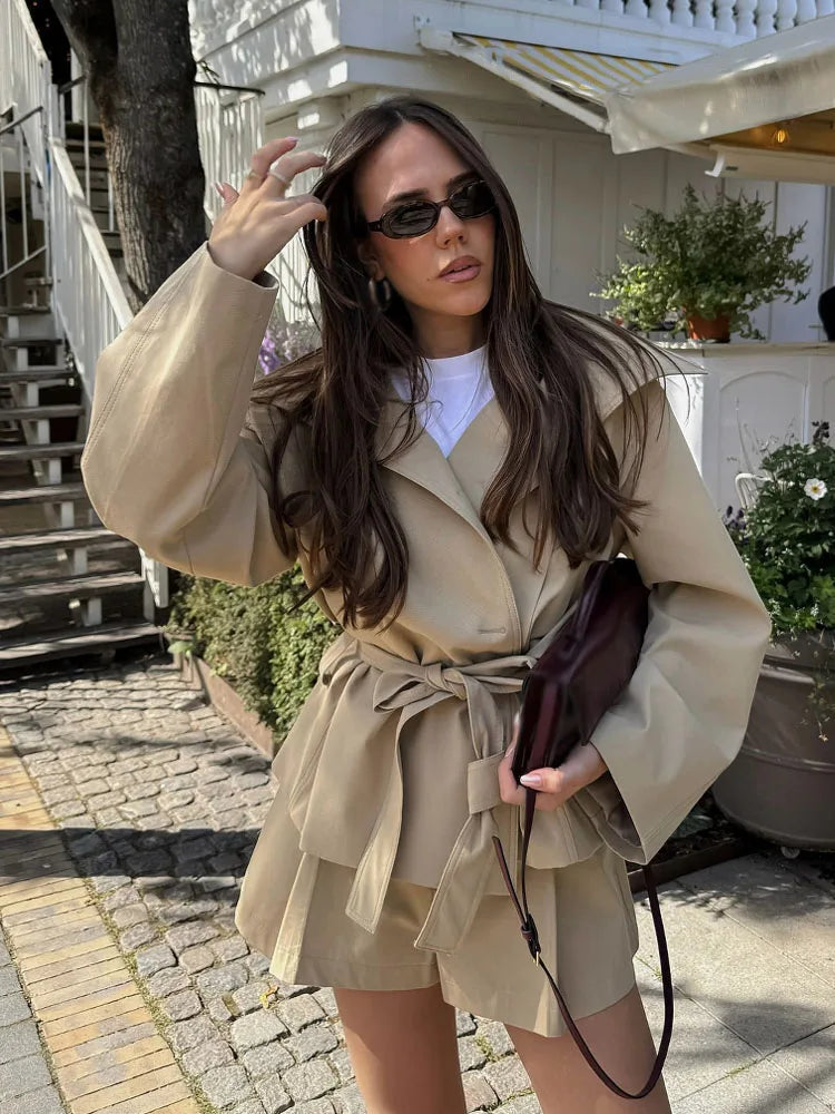 Hh Women Fashion Summer Suits Solid Turn Down Collar Long Sleeves Lace Up Single Breasted Jackets High Waist Zipper Shorts 1 - khaki jacket S