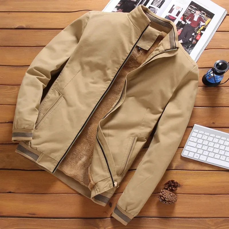 Jaqueta Masculina Aviador Outono E Inverno Nova Moda Forrada De Lã Grossa E Quente Jaqueta De Beisebol Cor Sólida Zíper Tamanho Grande M-5GG