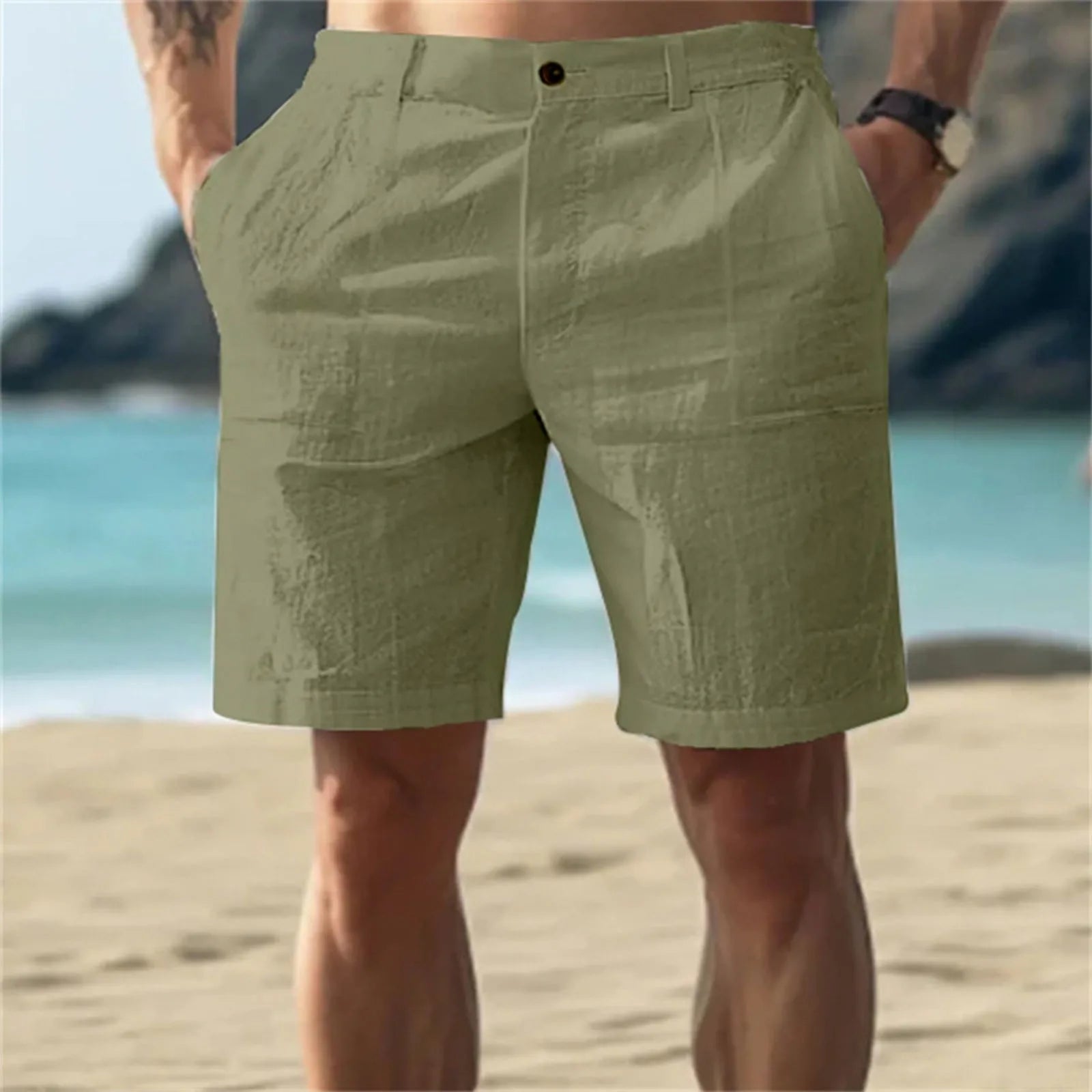 Calças Masculinas de Linho com Cor Sólida Casuais para Praia, Respiráveis, Confortáveis e Retas, Curtas, Estilo Havaiano para Férias de 2025