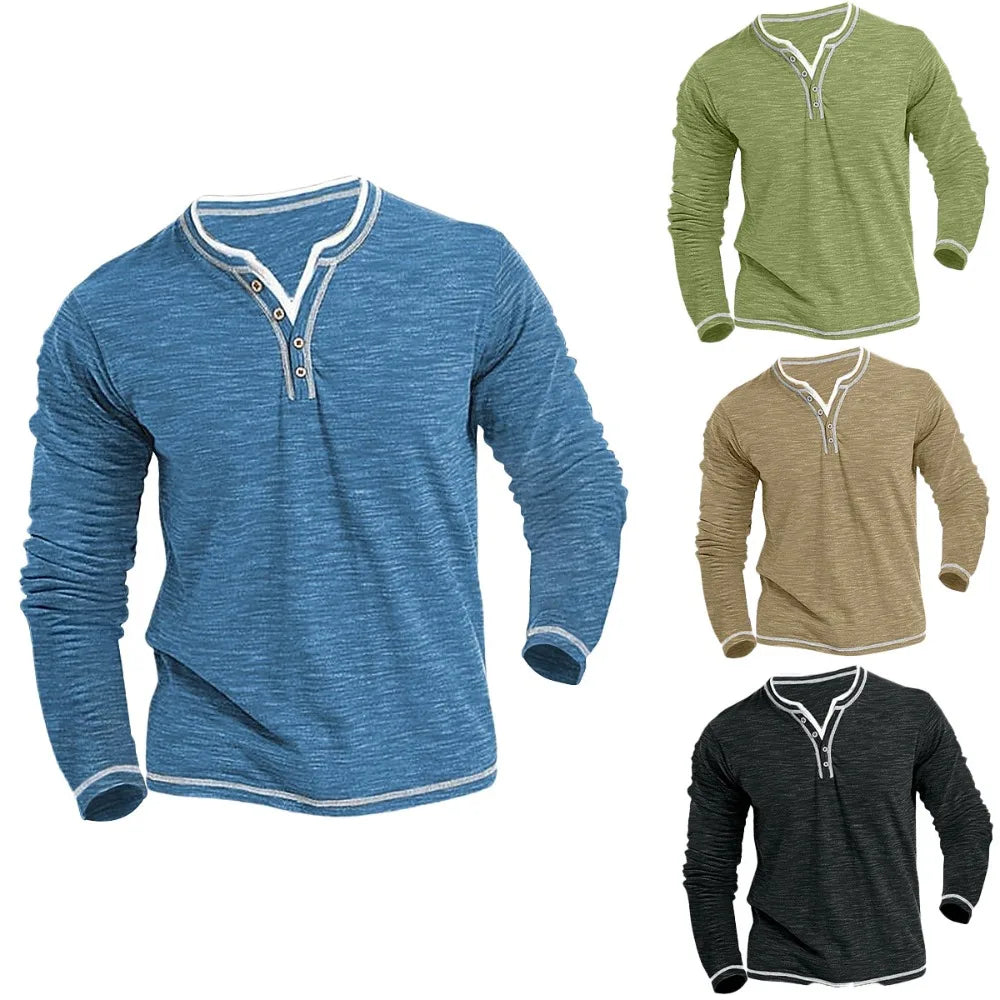 Camisetas Masculinas de Algodão Pequeno Gola V Nova Camiseta Masculina Casual Outono Inverno Confortável Macia Elástica Henley de Manga Comprida